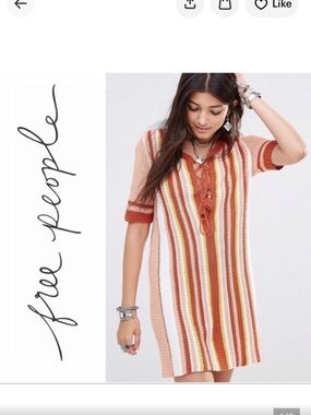 Free People Lollipop V-Neck Knit Dress in Sunset Combo Brown-Size Large